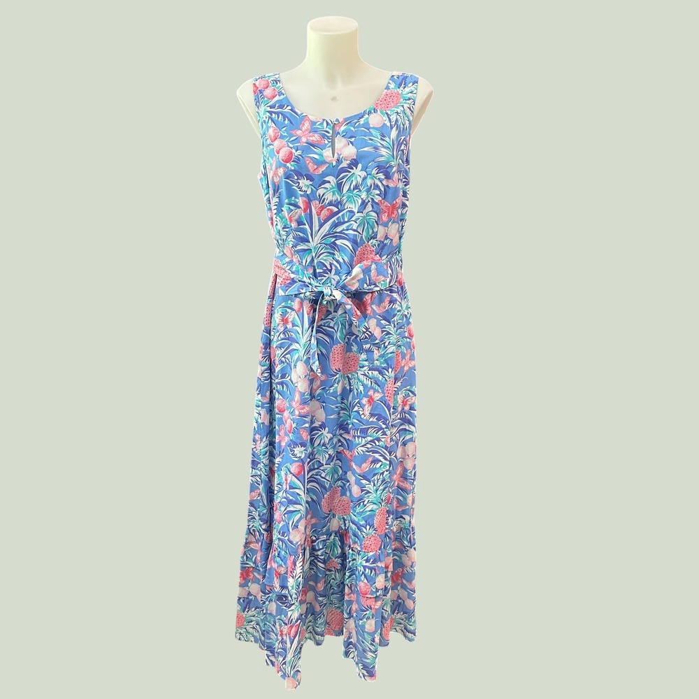 Talbots Ratti Maxi Dress Blue Tropical Print Cotton Sleeveless Sz 10 - NWOT